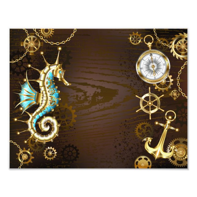 Impression Photo Arrière - plan en bois avec cheval de mer mécaniqu (Devant)