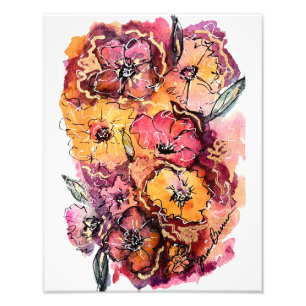 Impression Photo Artwork de fleurs d'aquarelle rose, orange et mage