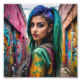 Impression Photo Asiatique Punk Girl avec cheveux et veste multicol
