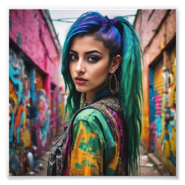 Impression Photo Asiatique Punk Girl avec cheveux et veste multicol (Devant)
