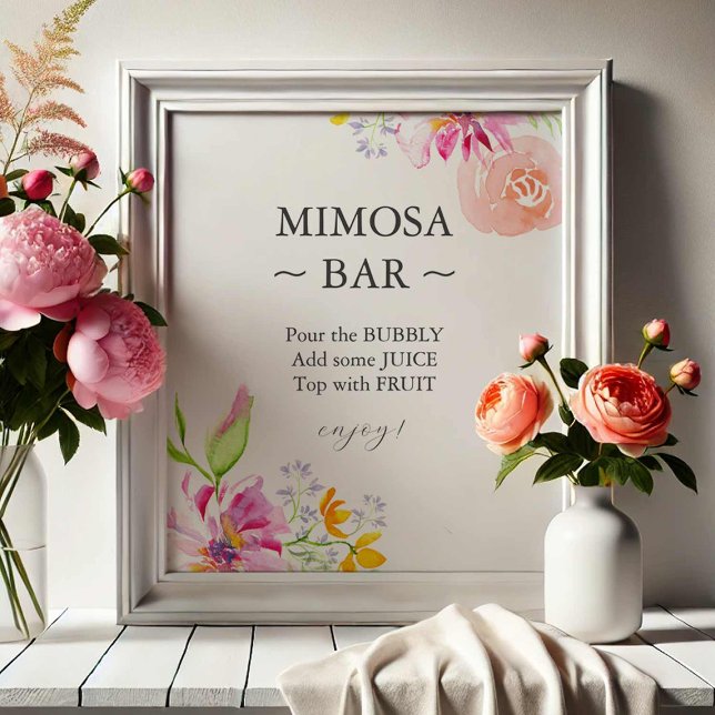 Impression Photo Baby In Bloom Mimosa Bar Sign (baby in bloom party signs features a mimosa bar sign with vibrant pink flowers.)