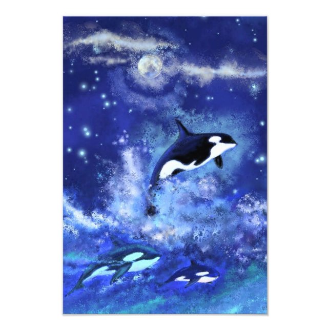 Impression Photo Baleines tueuses en Pleine lune - Dessin artistiqu (Devant)