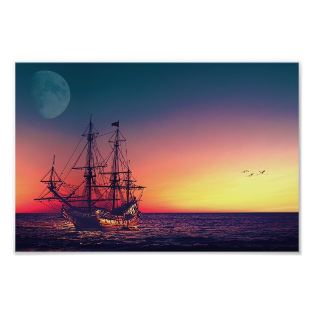 Impression Photo Bateau à voile dans le coucher du soleil (Devant)