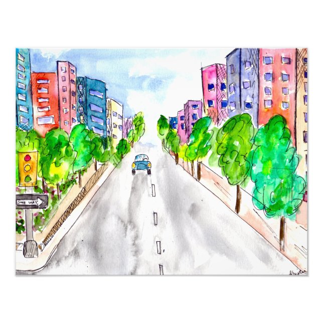 Impression Photo Bâtiments bordés d'arbres Boulevard Ville Aquarell (Devant)