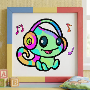 Impression Photo Bébé Caméléon Kawaii Souriant Mignon Avec Casque A
