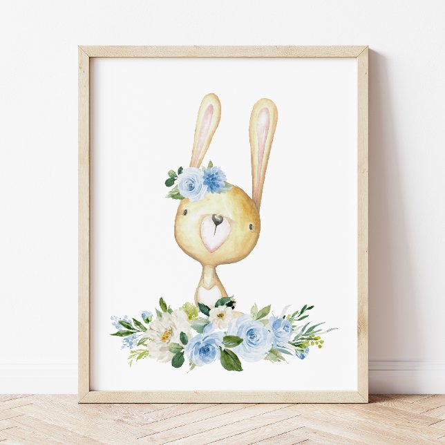 Impression Photo Bébé lapin, Animaux en bois, Boho, Fleurs bleues (Créateur téléchargé)