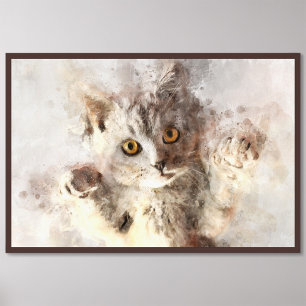 Impression Photo Belle et mignonne chatte joueuse aquarelle