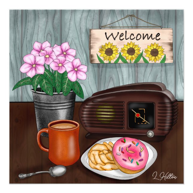 Impression Photo Bienvenue, tournesols, beignets et café (Devant)
