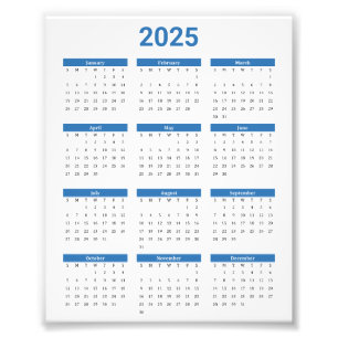 Impression Photo Bleu et blanc 2025 Année en un coup d'oeil Calendr
