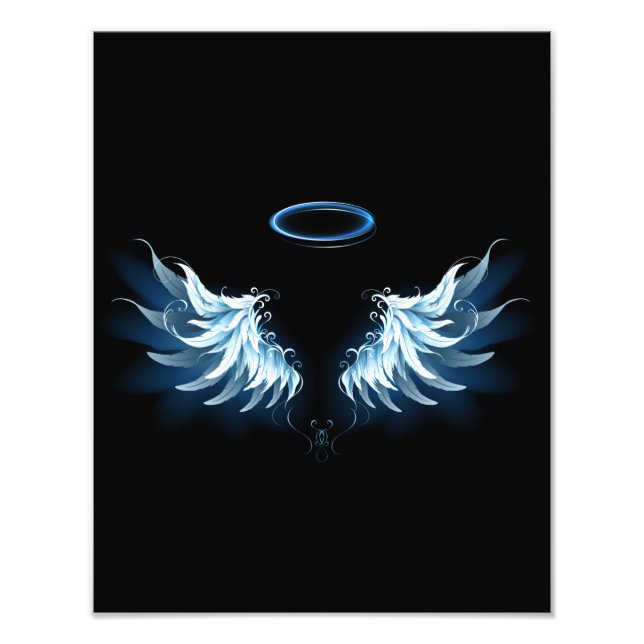 Impression Photo Blue Glowing Angel Wings on black background (Devant)