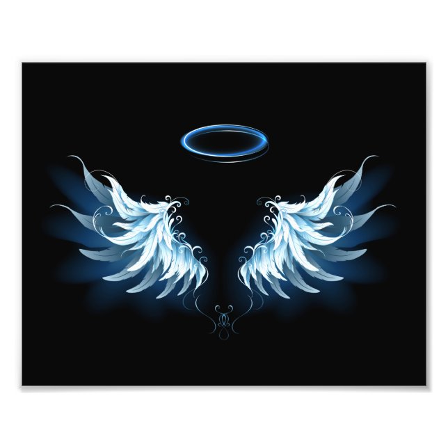 Impression Photo Blue Glowing Angel Wings on black background (Devant)