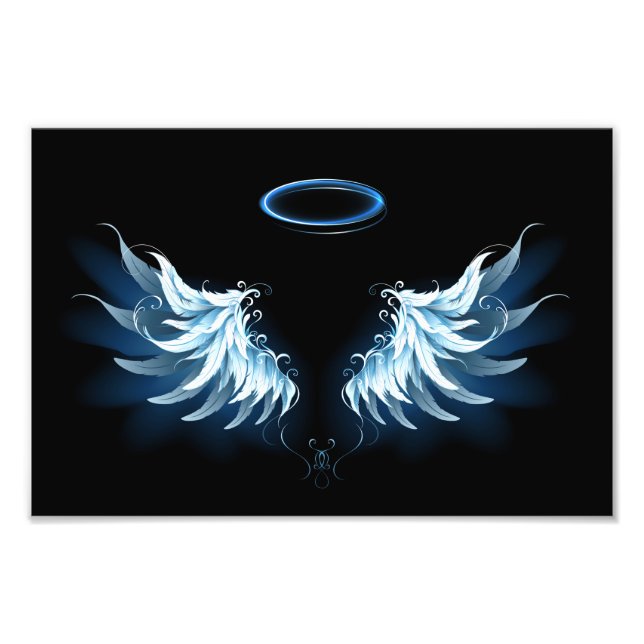 Impression Photo Blue Glowing Angel Wings on black background (Devant)