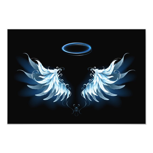 Impression Photo Blue Glowing Angel Wings on black background (Devant)