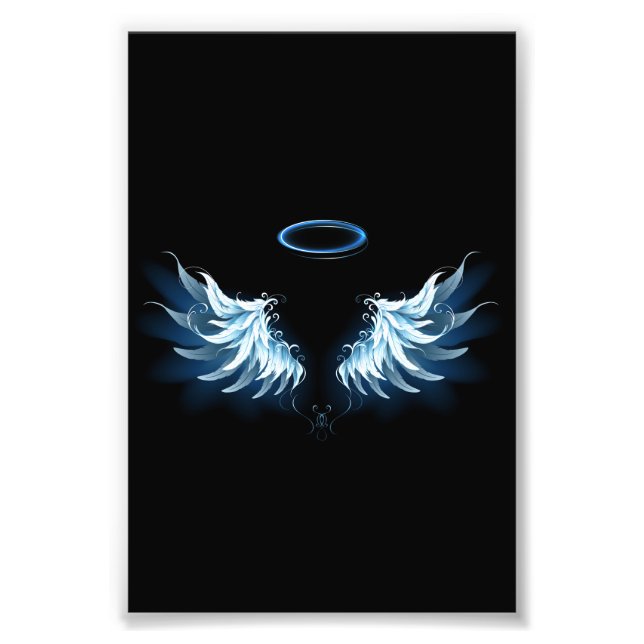 Impression Photo Blue Glowing Angel Wings on black background (Devant)