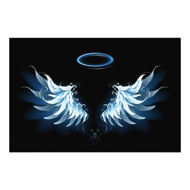 Impression Photo Blue Glowing Angel Wings on black background (Devant)