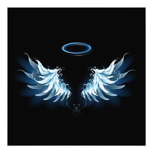 Impression Photo Blue Glowing Angel Wings on black background (Devant)