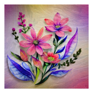 Impression Photo Bouquet de fleurs à l'aquarelle, fond coloré   