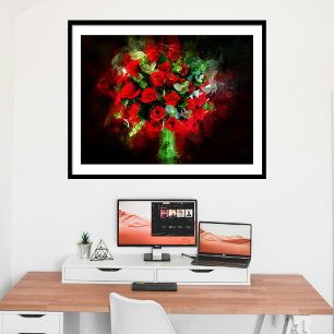 Impression Photo Bouquet de roses rouges aquarelle sur fond noir