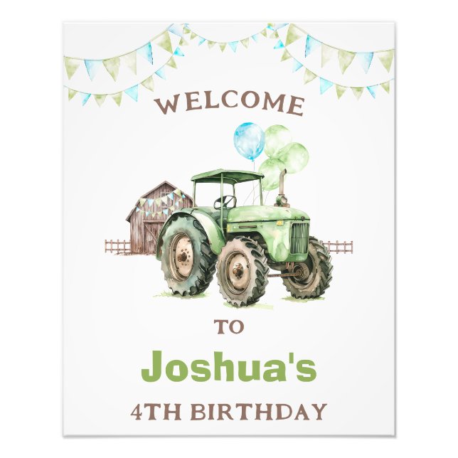 Impression Photo Boys Green Balloons Tracteur Affiche de bienvenue  (Devant)