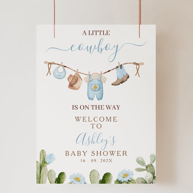 Impression Photo Brown Blue Cothes Baby shower Cowboy Affiche de bi (Cowboy Baby Shower Welcomes Sign, Little Cowboy Bab Shower Welcome Sign with Cactus, Clothesline)