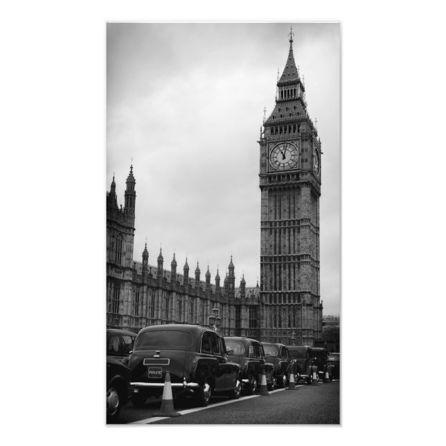 Impression Photo Cabines de taxi Big Ben en noir et blanc (Devant)