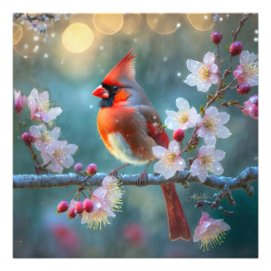 Impression Photo Cardinal masculin en fleurs de cerisiers au clair 