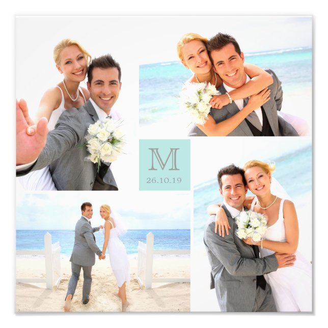 Impression Photo Carré bleu Grille élégant Monogramme 4 Mariage pho (Devant)