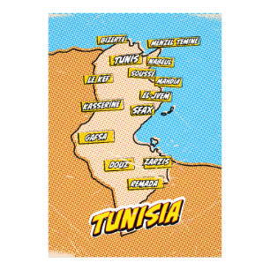 Impression Photo Carte de la Tunisie illustrée par Pop Art