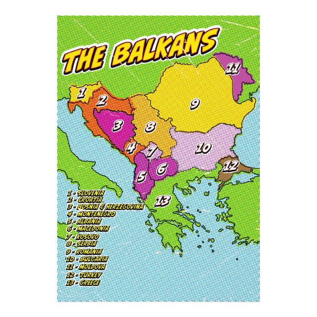 Impression Photo Carte des Balkans illustrée par Pop Art (Devant)
