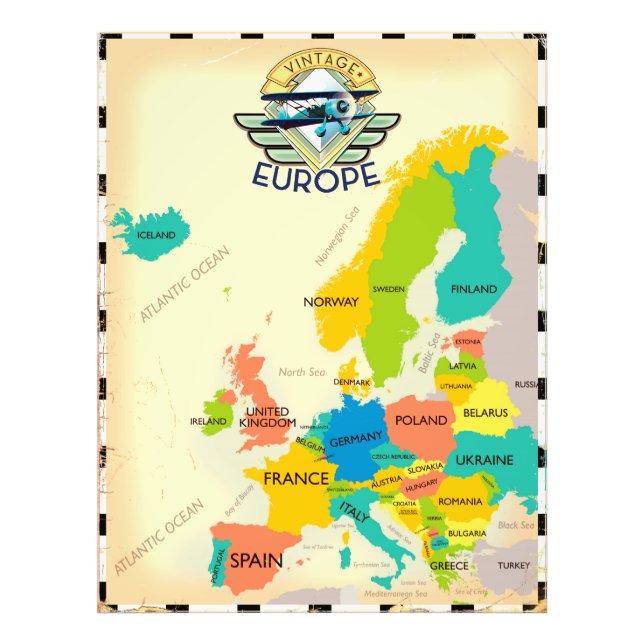 Impression Photo Carte Rétro De L'Europe. (Devant)