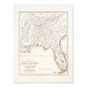 Impression Photo Carte vintage de la Floride Alabama la Géorgie