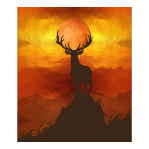 Impression Photo Cerf élaphe au sommet d'une montagne au coucher du