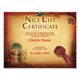 Impression Photo Certificat de liste Nice Père Noël vintage