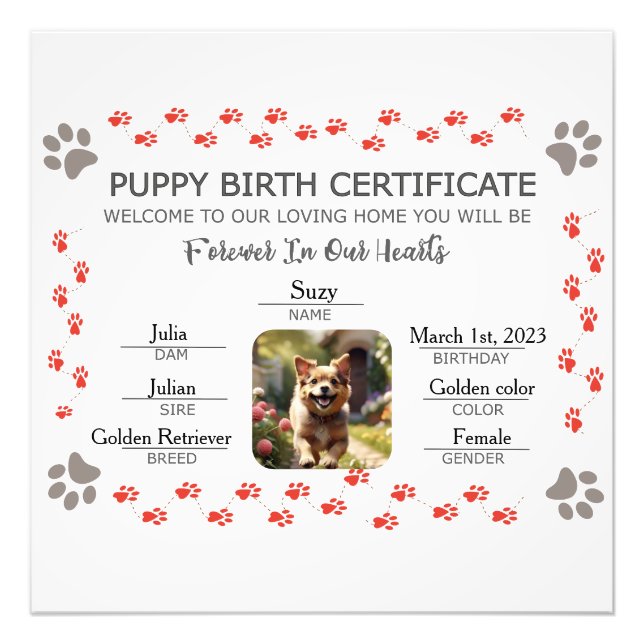 Impression Photo Certificat de naissance personnalisé de chiot (Devant)