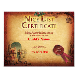 Impression Photo Certificat vintage de la liste de Père Noël Nice