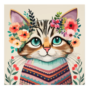 Impression Photo Chat mignon aquarelle florale 