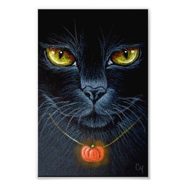 IMPRESSION PHOTO CHAT NOIR HALLOWEEN AVEC PENDENTIF DE POMPING 4" X (Devant)