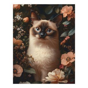 Impression Photo Chat Siamois Entouré De Fleurs Roses Bruyantes