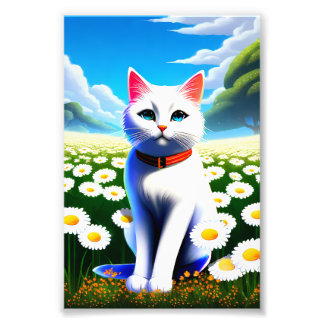 Impression Photo Chaton blanc dans une prairie de pâquerettes