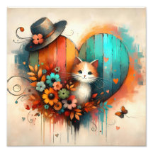 Chaton Fantaisiste aux Fleurs Sarcelle et Orange B