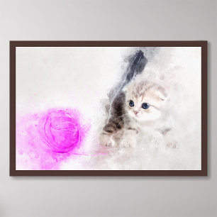 Impression Photo Chaton jouant avec une boule de fil rose aquarelle