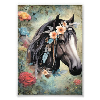 Impression Photo Cheval brun dans les fleurs.