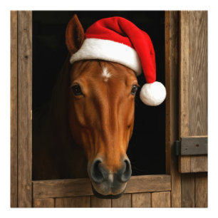 Impression Photo Cheval de Noël dans la fenêtre de l'écurie