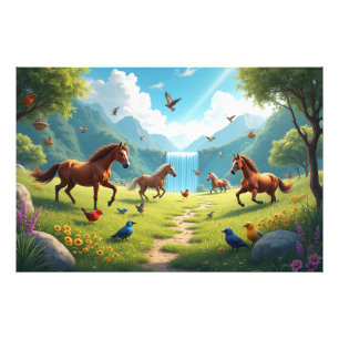 Impression Photo Chevaux et oiseaux en prairie luxuriante