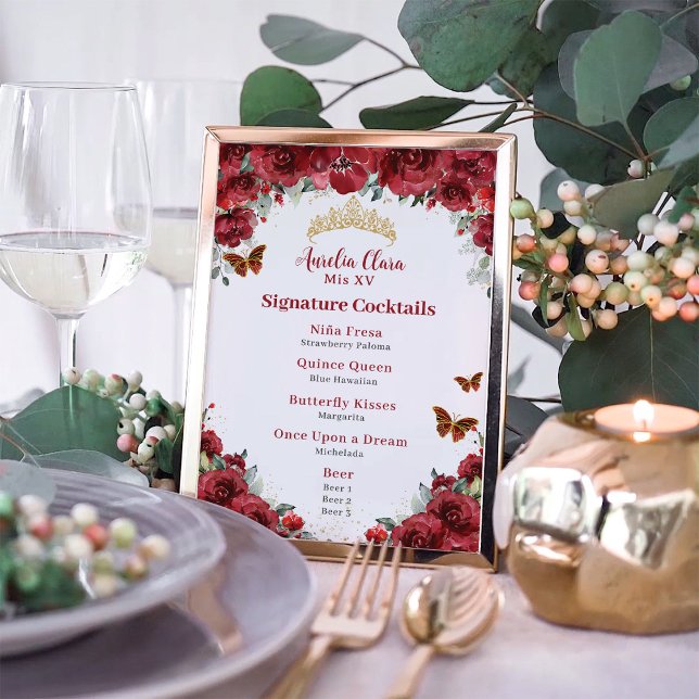 Impression Photo Chic Rouge Floral or Quinceanera Bar Menu Boisson (Créateur téléchargé)