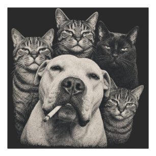 Impression Photo Chien Coriace Vintage avec Cigarette et Chats Grog