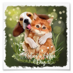 Impression Photo chiot beagle embrassant un chaton gingembre