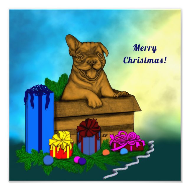 Impression Photo Chiot dans une boîte, Joyeux Noël (Devant)