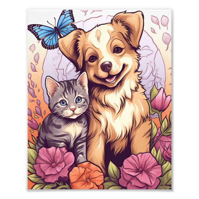 Impression Photo Chiot et chaton, Papillon et jeu de fleurs (Devant)