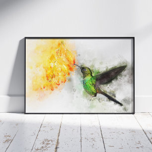 Impression Photo Colibri volant avec fleur Aquarelle - 02